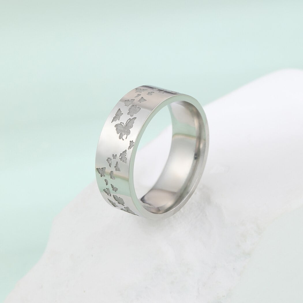 Stainless Steel Engraved Group of Butterflies Promise Tungsten Ring His and Hers Engagement Ring