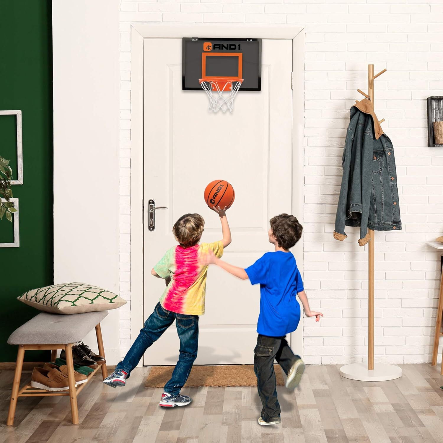 AND1 Over the Door Mini Basketball Hoop Set, 18"x12" Shatterproof Backboard, 1 Mini Basketball, No Tools Indoor Use