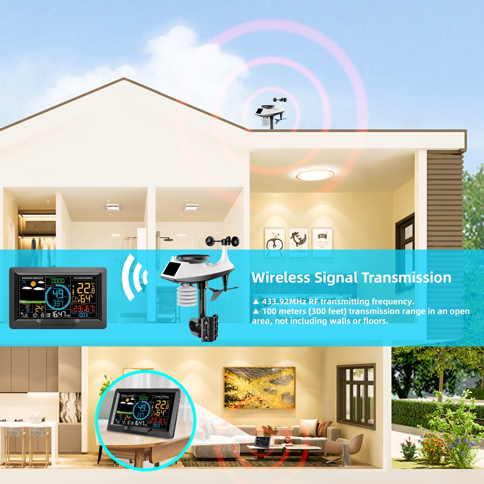 Wireless Professional Weather Station Temperature Humidity Sensor Wind Direction And Speed Barometric Alarm Clock ,Easy to Install