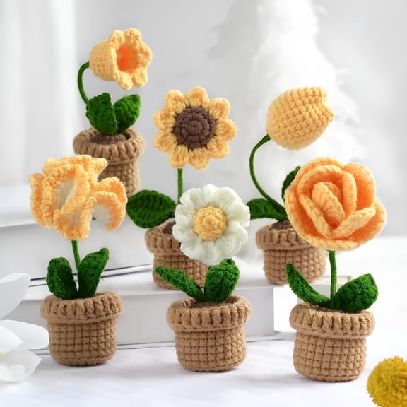 BESTSKY Crochet Kit for Beginners,6 Pcs Crochet Potted Flowers Kit,Complete Crochet Kit for Beginners Adults,Yellow
