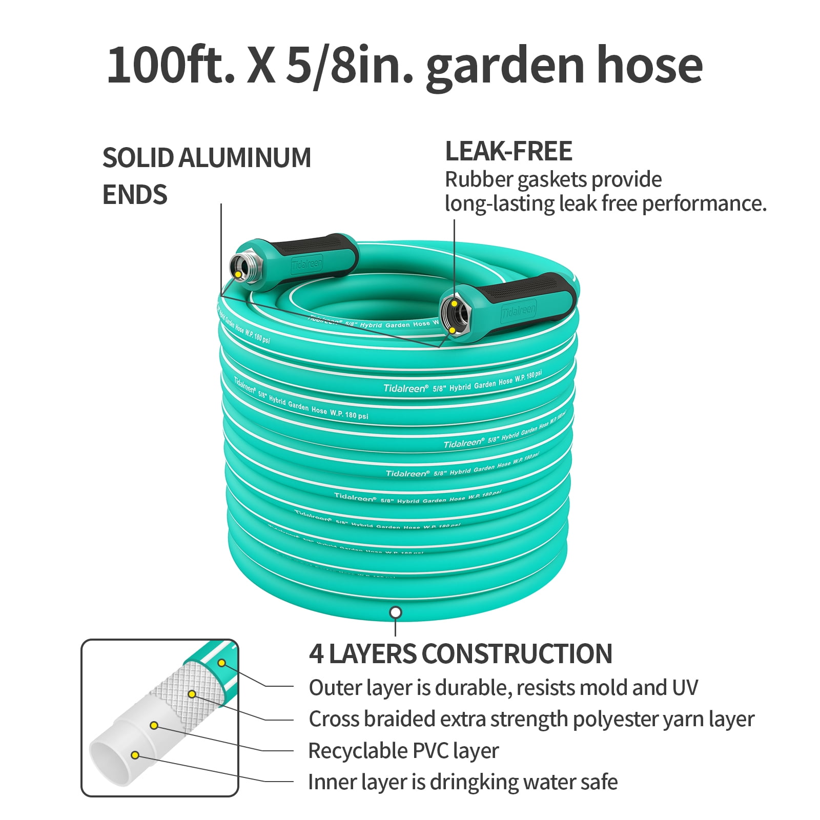 100ft X 5/8" Heavy Duty Garden Hose, 600PSI, Drinking Water Safe, No-Kink Water Hose for Outdoor, 3/4"GHT