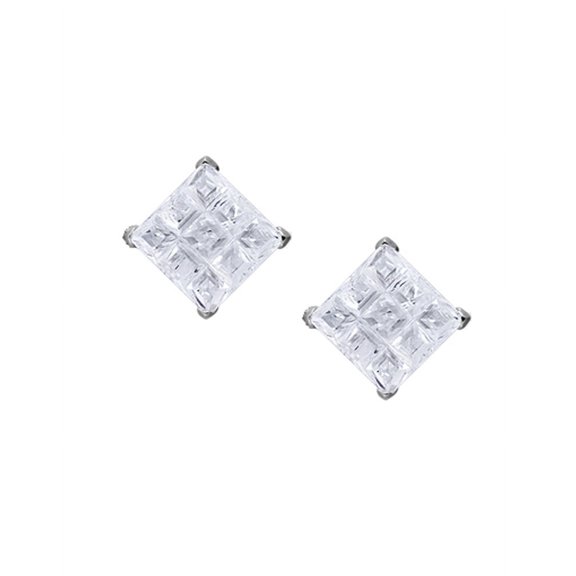 iJewelry2 Invisible Cut Square CZ Sterling Silver Basket Set Stud Earrings 8mm