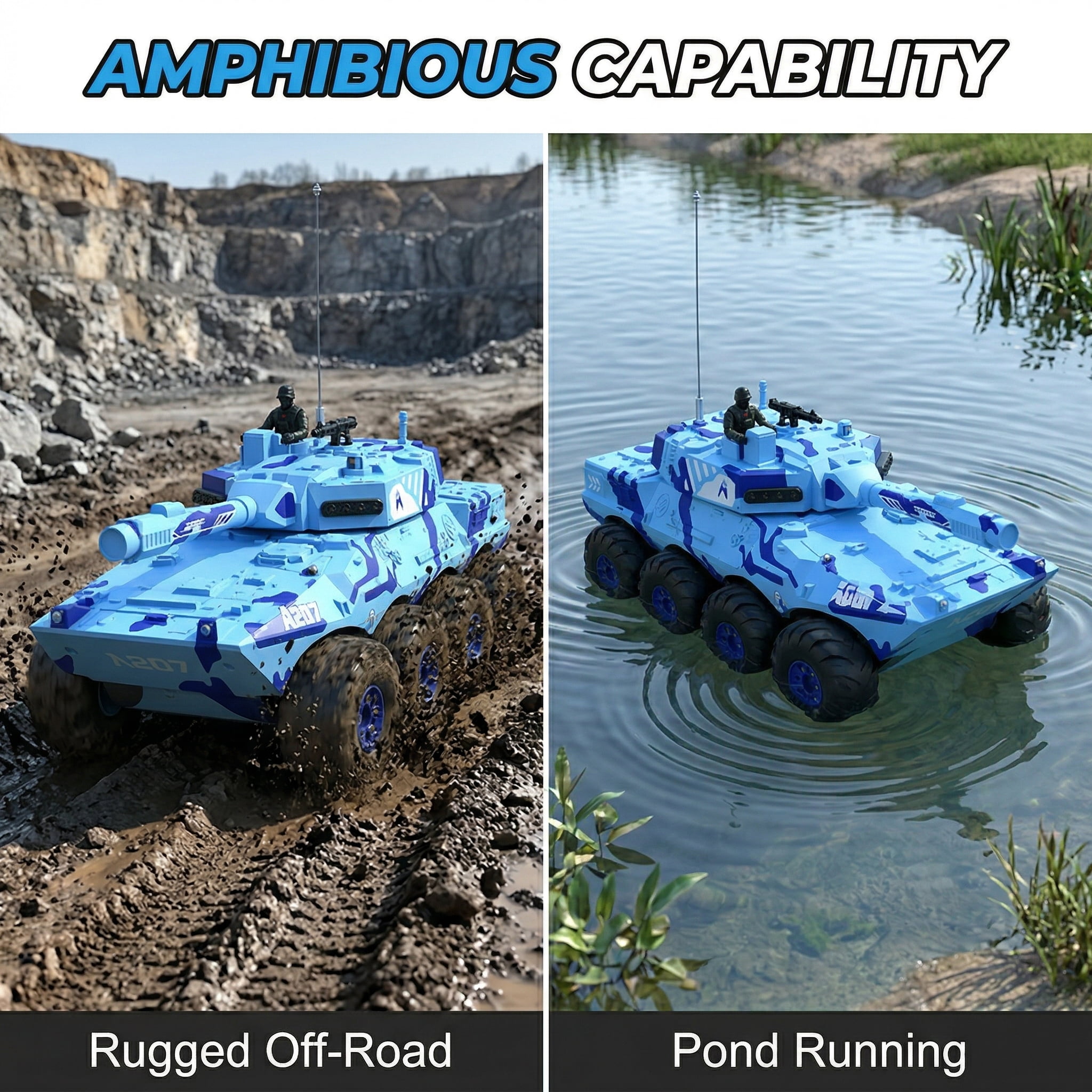 1/32 Scale 8-Wheel Drive Remote Control Amphibious Tank, Waterproof All-Terrain Stunt Car, Blue Camouflage Toy for Ages 6+
