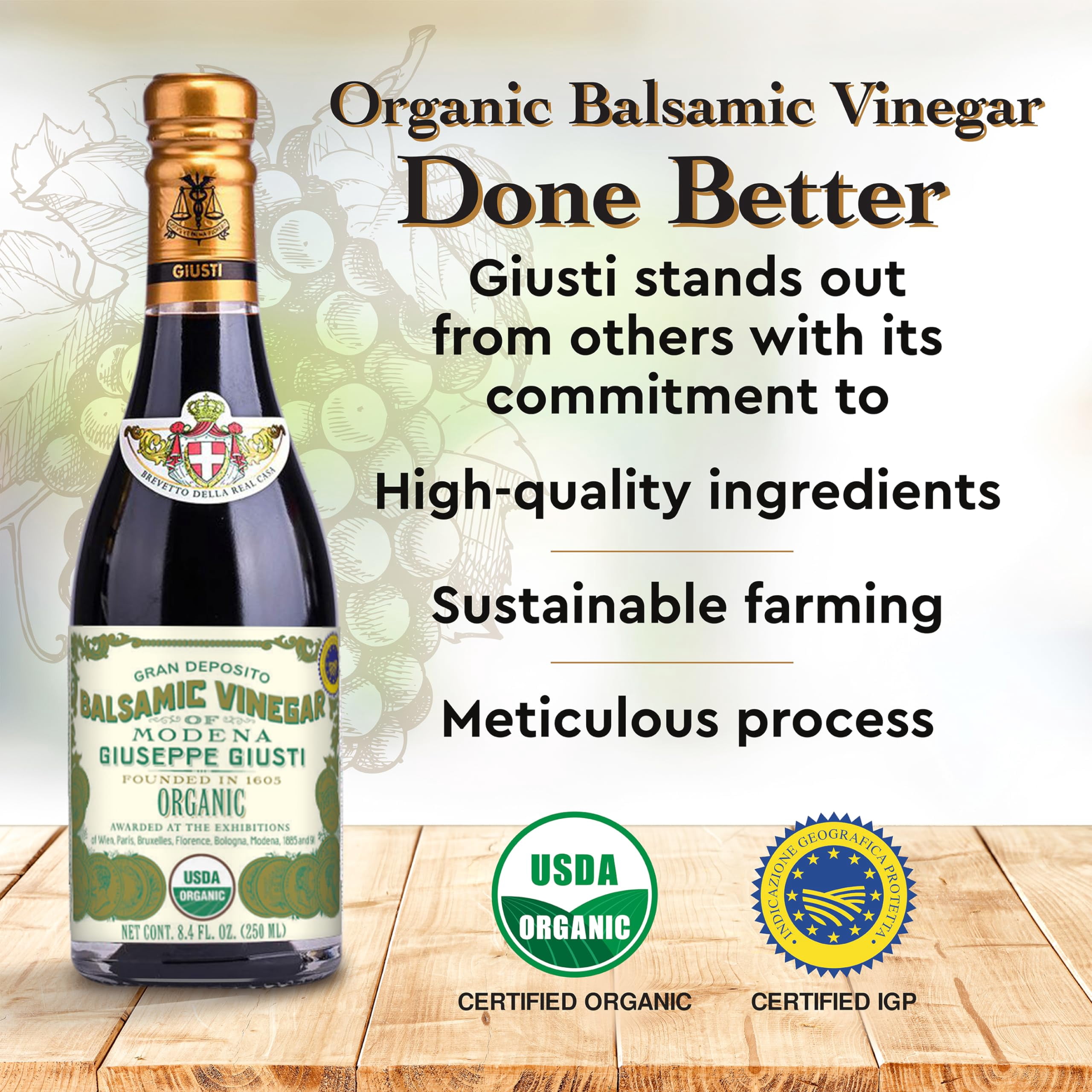 Giusti Organic Balsamic Vinegar of Modena IGP, Matured & Balanced Authentic Italian Aceto Balsamico from Italy, 1 Silver Medal – 8.45 fl oz (250 ml) - Pack of 1