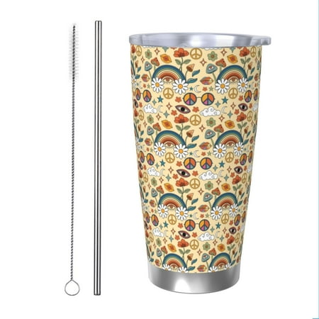 

KLL Mushrooms And Rainbows Peace Print 40oz Stainless Steel Insulated Car Cup with Spillproof Lid - Keep Your Drink Hot or Cold on the Go-Straw Two-piece Set