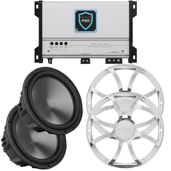 Wet Sounds HTM-1 - HTM Series Full-Range Class-D 1200 Watt at 1-Ohm Mono Amplifier with (2) REVO-10-FA-S4 10" Woofer Single 4 OHM and (2) REVO-10-XS-W-SS-GRILLE White Stainless Grille