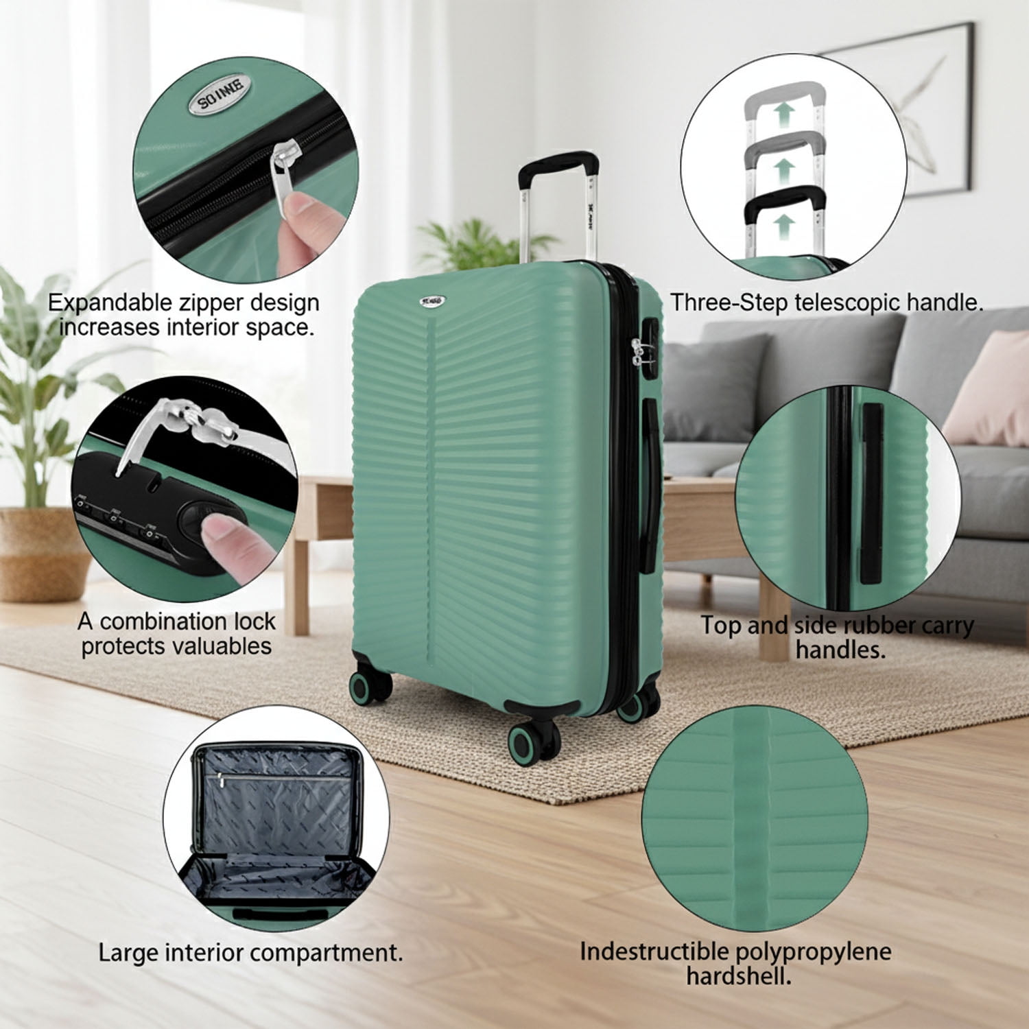 3 Piece Hardside Luggage Set Expandable Suitcase with Spinner Wheels,Lightweight Hardshell Suitcase Set 20in24in28in, Light Green, SQ249