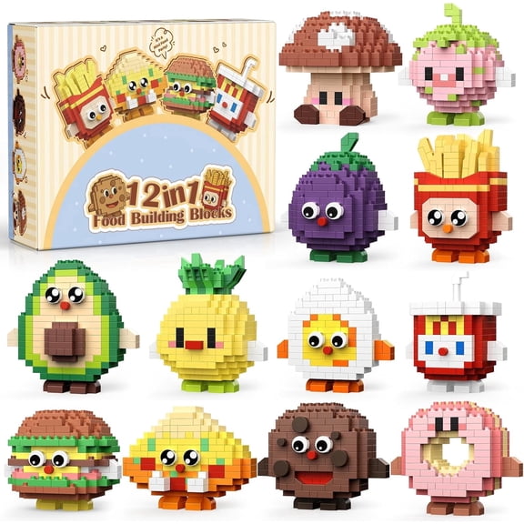 12 Pack Food Party Favors Building Set, Mini Food Building Blocks Sets, Goodie Bags Stuffers, Blind Box Style Classroom Small Prize Toys Gifts for Adults Teens Age 14