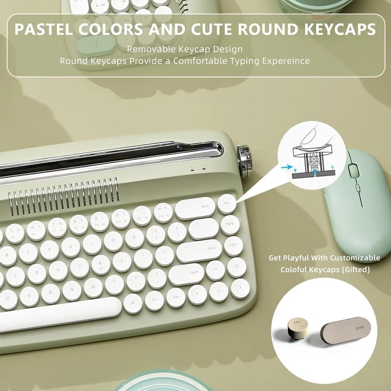 YUNZII Retro Wireless Typewriter Keyboard with Stand, USB-C/Bluetooth, Cute Round Keycaps,Stand for Table, Phone, PC and Win/Mac/Android,Green