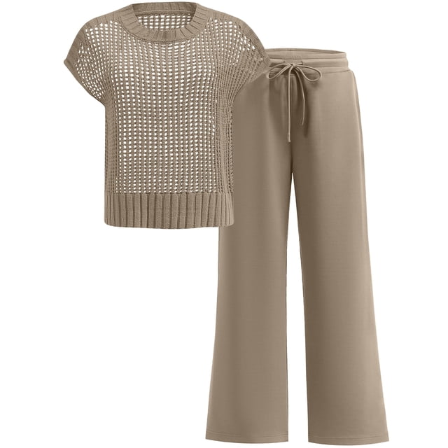 Outfit ANRABESS, suéter para mujer, pantalones anchos, color marrón claro