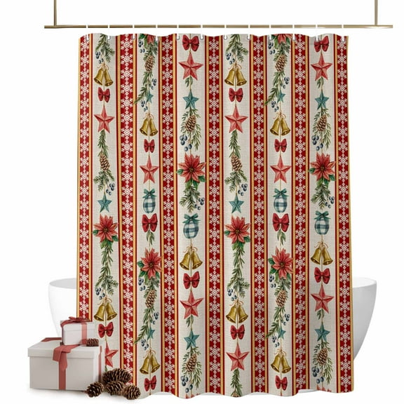 Christmas Stripes Bathroom Shower Curtain Bell Flower Stars Snowflakes Linen Waterproof Washable Shower Curtains for Bathtub Bath Decor with Grommets and Hook 72 X 72 Inch