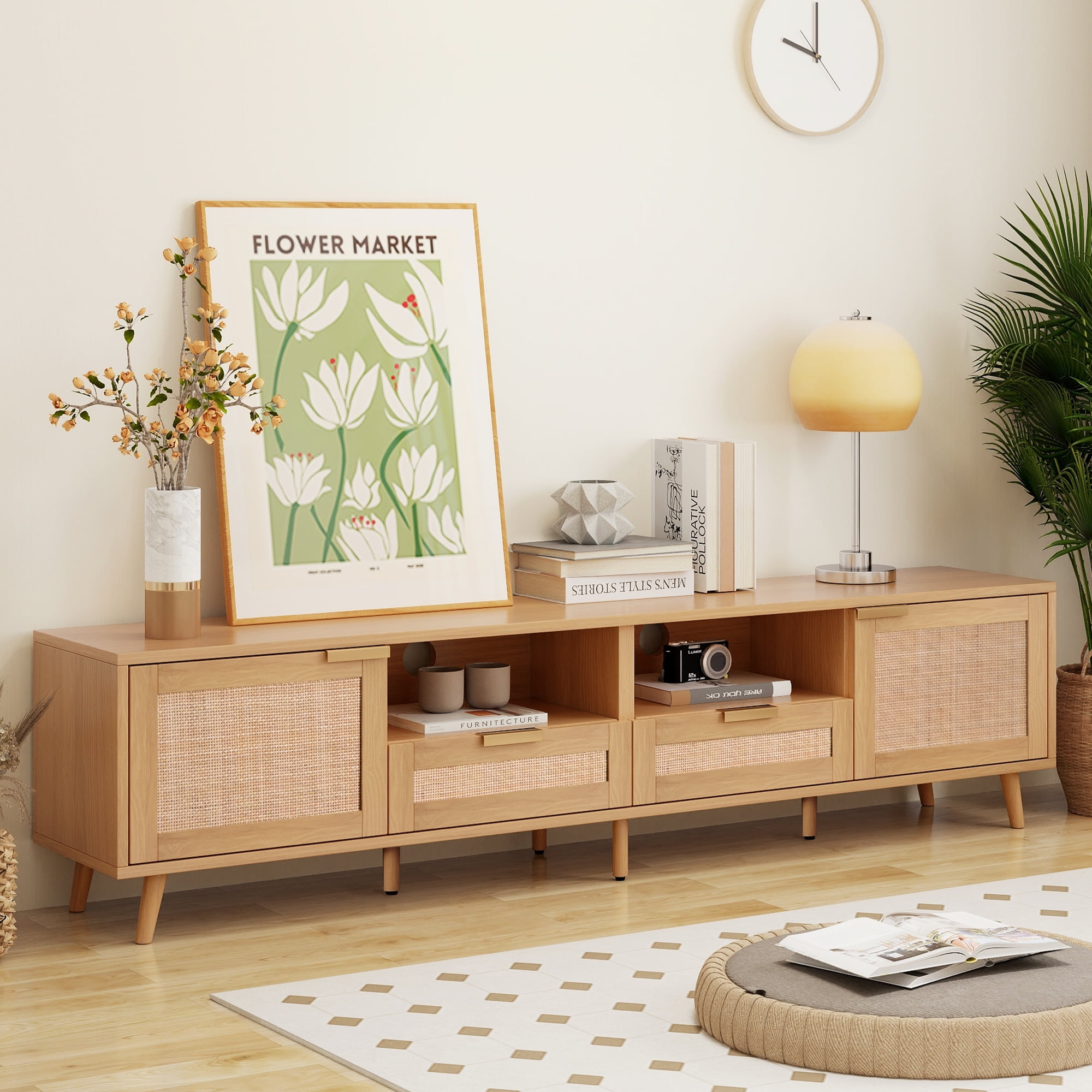TV Stand for TVs up to 85 Inch, Rattan Media Console with Storage Cabinets & Open Shelves, Entertainment Center with Solid Wood Legs for Living Room