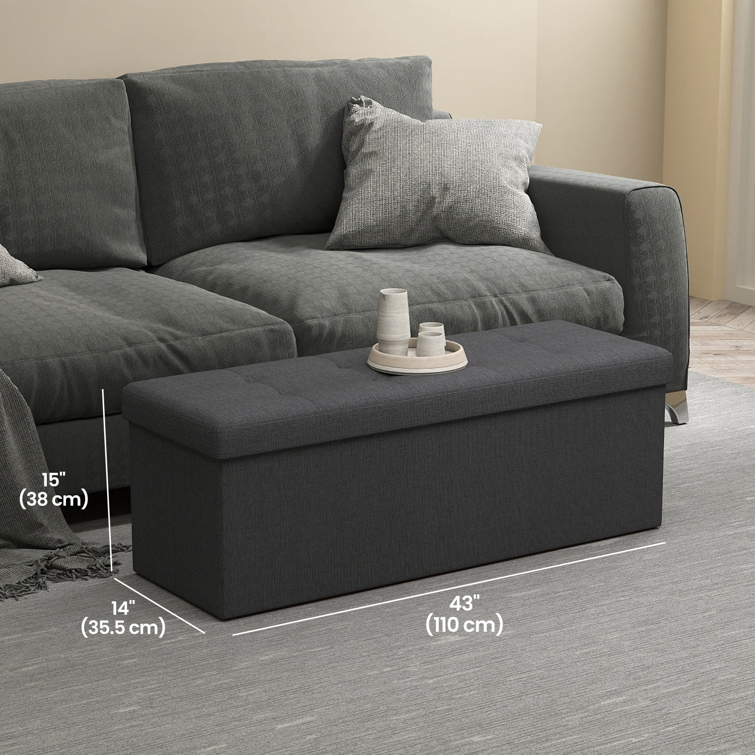 LEDREM 43" Foldable Storage Ottoman Bench with 660lb Capacity, Ottoman with Storage, Footrest, for Living Room, Bedroom, Ink Black