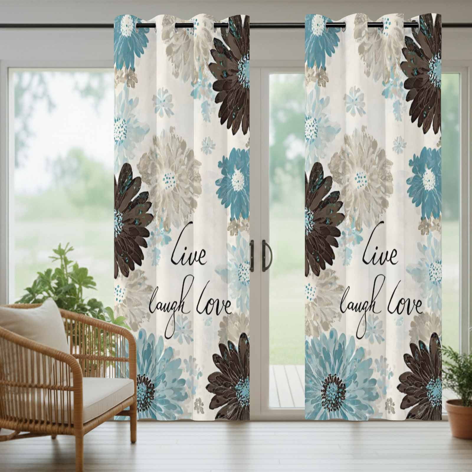Brown Blue Flower Outdoor Curtains for Patio, Laugh Love Live Plant Farmhouse Sunshade Privacy Drapes Grommet Waterproof Outside Curtains for Porch/Cabana/Balcony 54"x 108", 1 Panel
