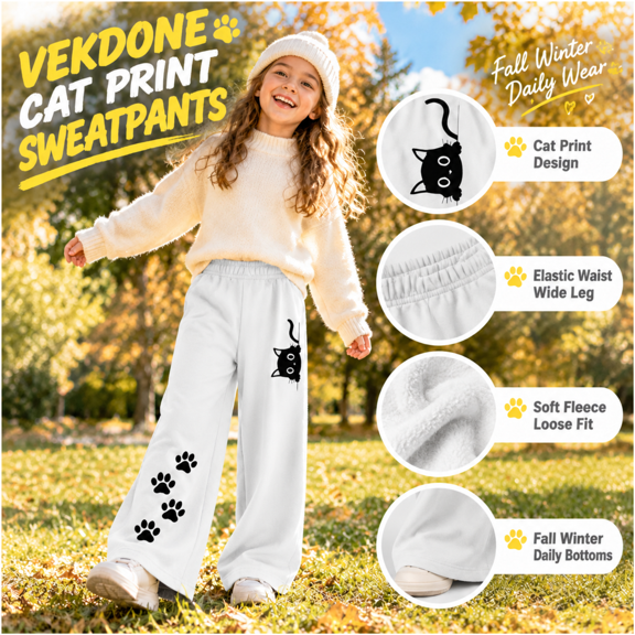 VEKDONE Girls Cat Print Sweatpants Elastic Waist Wide Leg Joggers Loose Fit Soft Fleece Trousers Fall Winter Trendy Casual Bottoms for Daily Wear