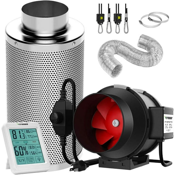 VIVOSUN 6 In 390 CFM Inline Fan, 6In Carbon Filter and 8Ft Ducting, Temperature Humidity Monitor for Grow Tent Ventilation