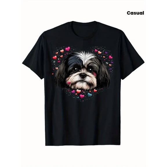 Shih Tzu Love Heart for Valentines Day on Shih Tzu Lover T-Shirt, Unisex Cotton Casual Round Neck Outdoor Short Sleeve T-Shirt with Slight Stretch, Slightly Elastic