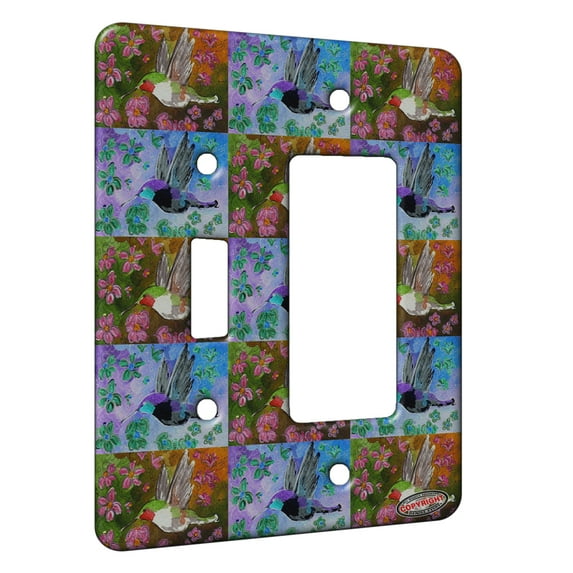 KuzmarK™ 2 Gang Single Toggle / Single Duplex Rocker Wall Plate - Ruby Throated Hummingbird with Pink Clematis Bird Pattern Art by Denise Every
