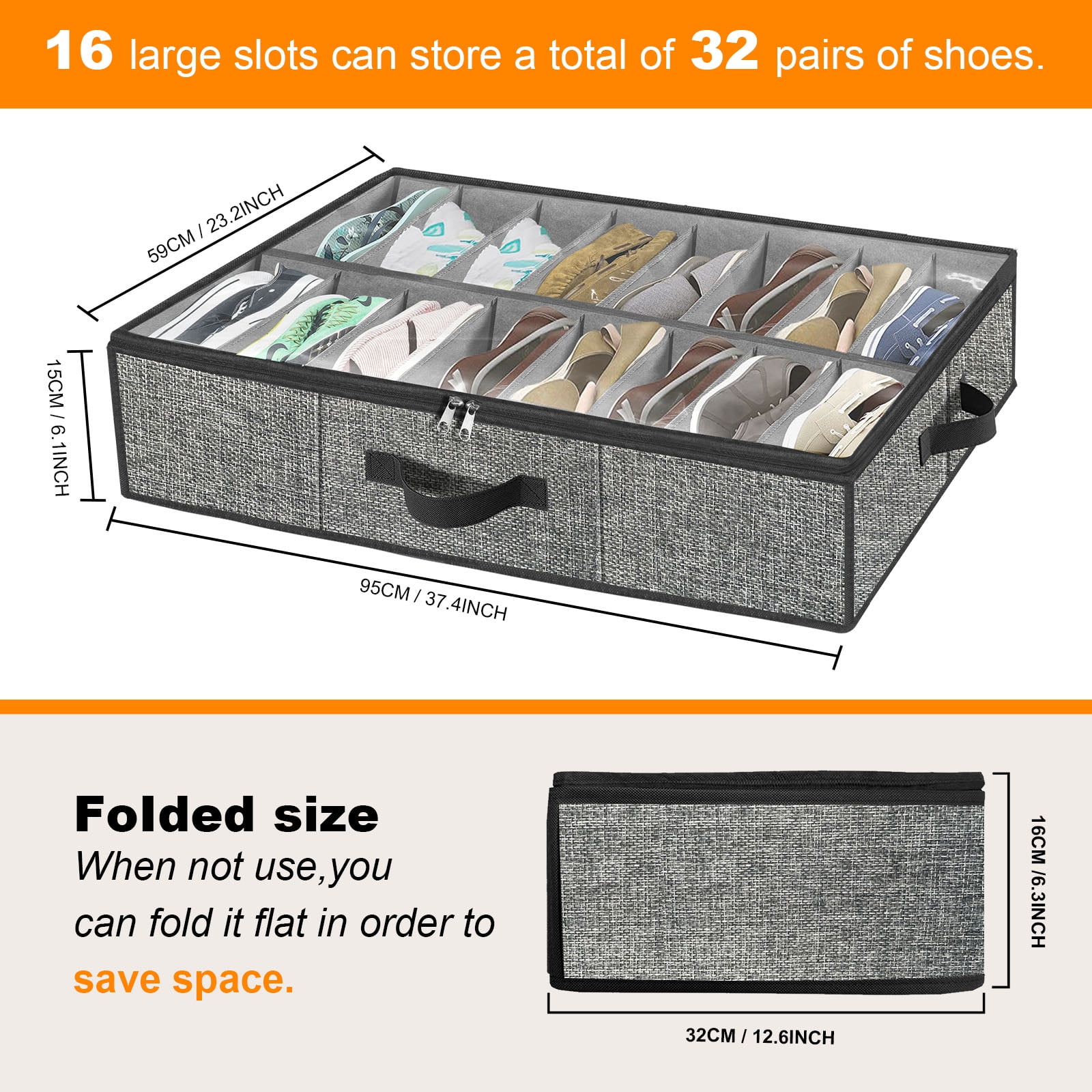 Homyfort Shoe Storage Organizer Under Bed, 2 Pack Fits 32 Pairs, Extra Large Shoe Container, Breathable Fabric Underbed Storage for Sneakers, Slippers, Closet, Grey
