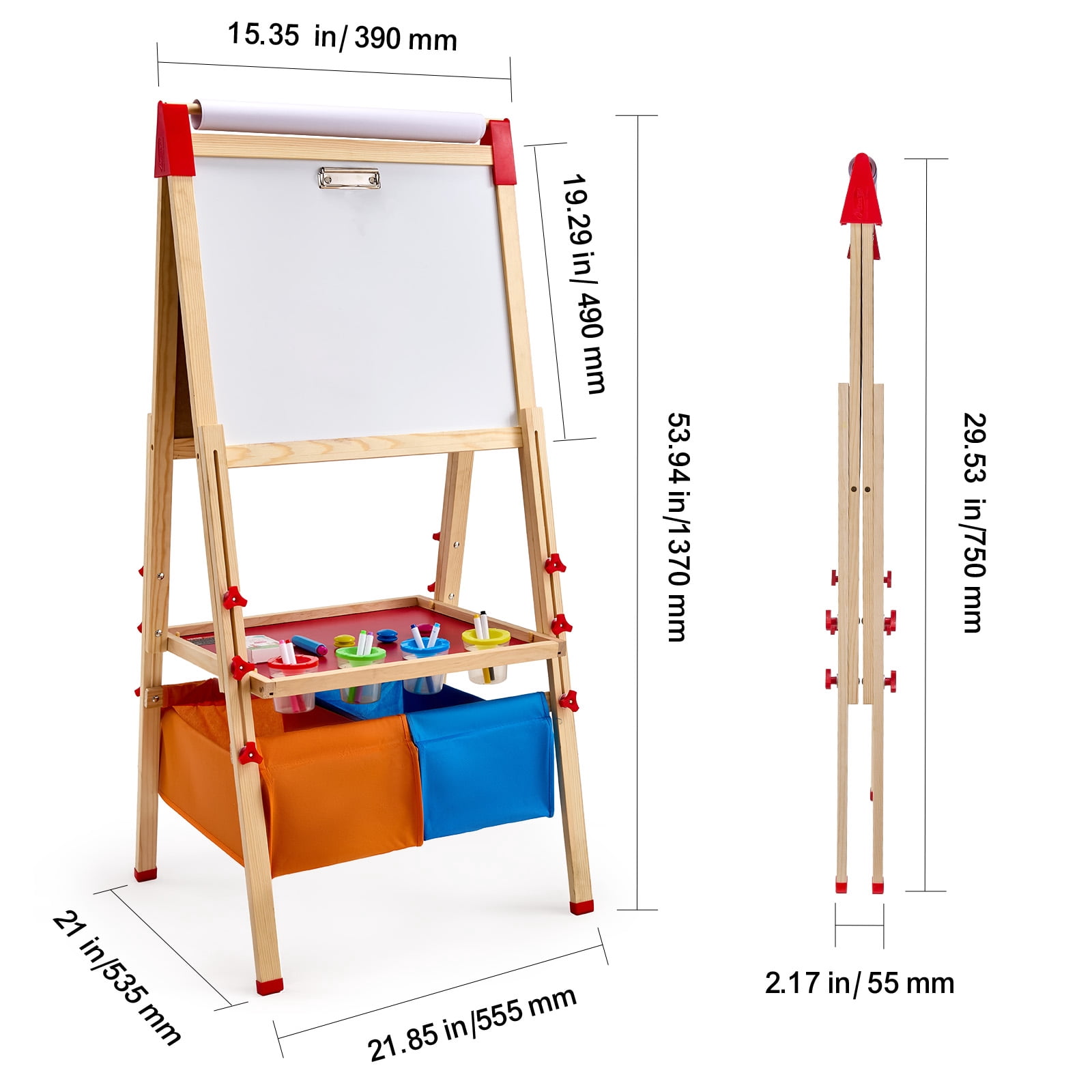 VEVOR Art Easel for Kids,3-in-1 Wooden Double-Sided Kides Art Easel with Magnetic Whiteboard, Chalkboard, Paper Roll, Adjustable Standing Drawing Board with Painting Accessories, Storage for Boy Girl