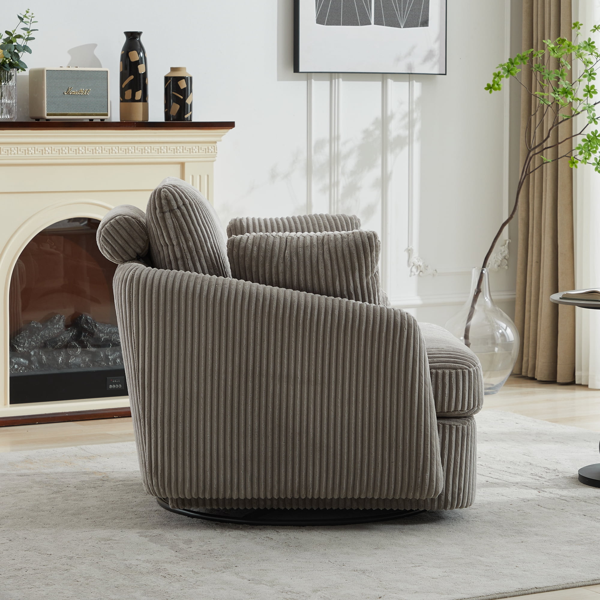 Leumius 360° Swivel Accent Chair with 2 Throw Pillows,40.55''W Corduroy Accent Chair Armchair,Comfy Upholstered Single Sofa Chair for Bedroom Living Room,Gray