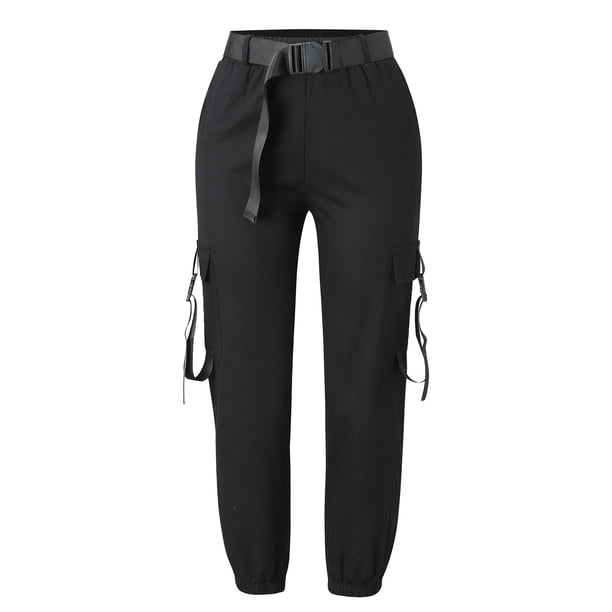Gibobby Pantalones de mezclilla tipo cargo para mujer Streetwear Pantalones de mujer Pantalones de cintura harén Cargo Deporte Pantalones de trabajo sueltos de altura(Negro,M)