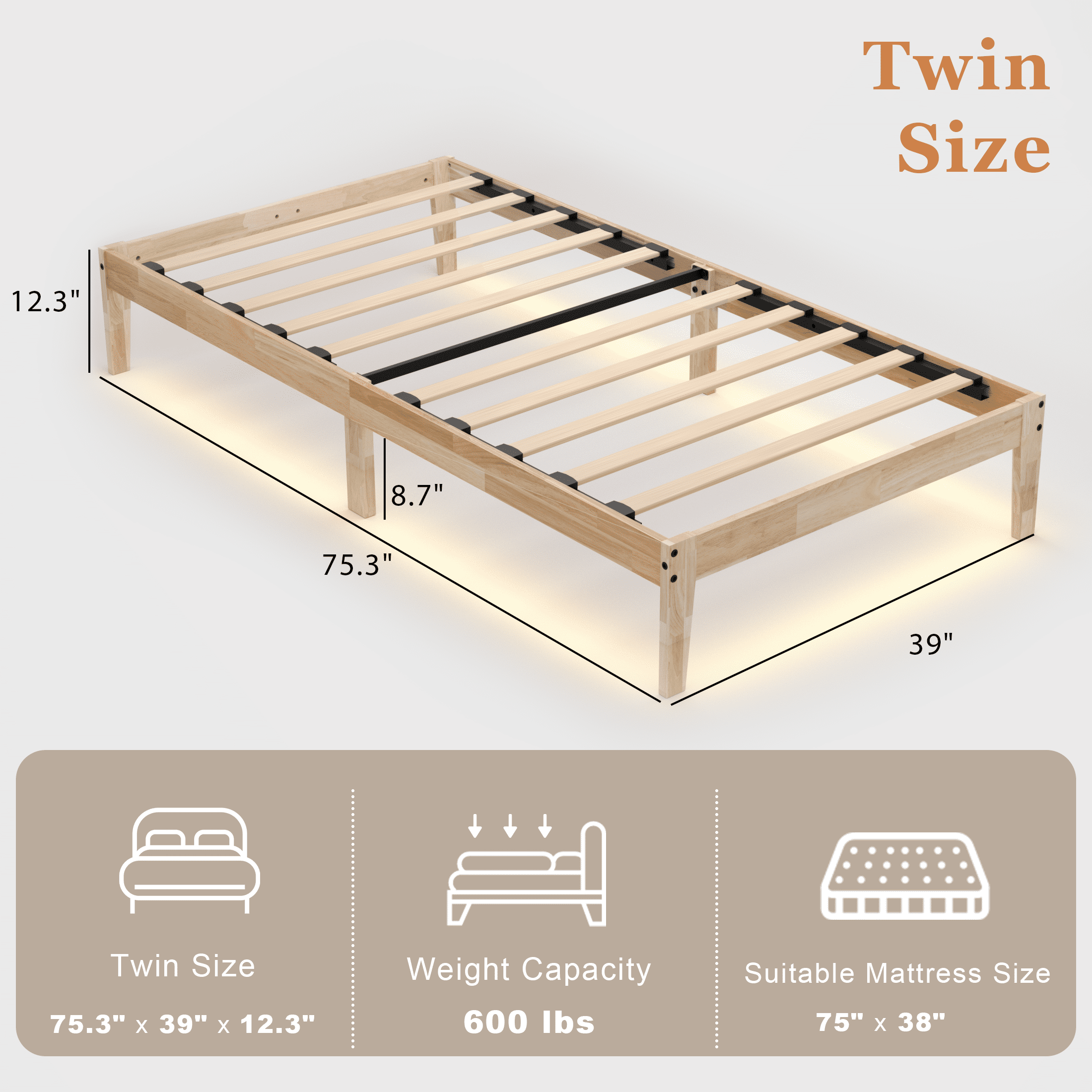 Twin Wood Bed Frame with Led Light, Wood Platform Bed Frame Twin Size with 8.7" Under-Bed Storage, Noise-Free, Easy Assembly, 12"