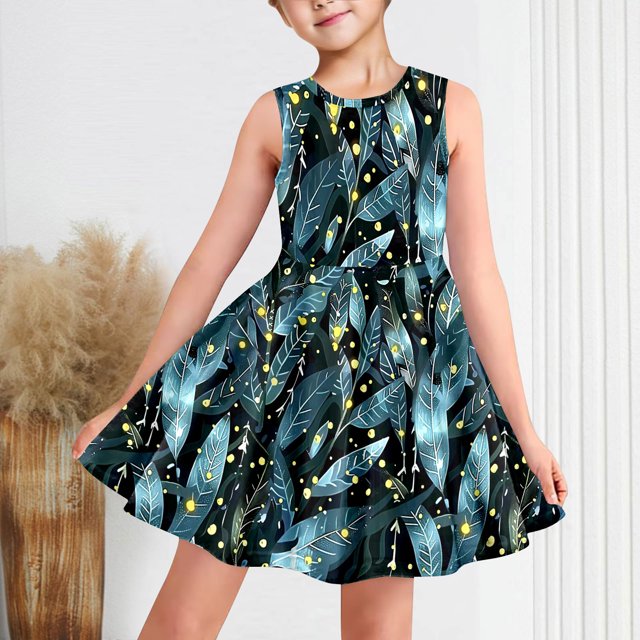 LOVZFMLL Robe d'Été à Manches Courtes pour Filles avec Poches à Volants Col Rond Imprimé Robe Débardeur Douce