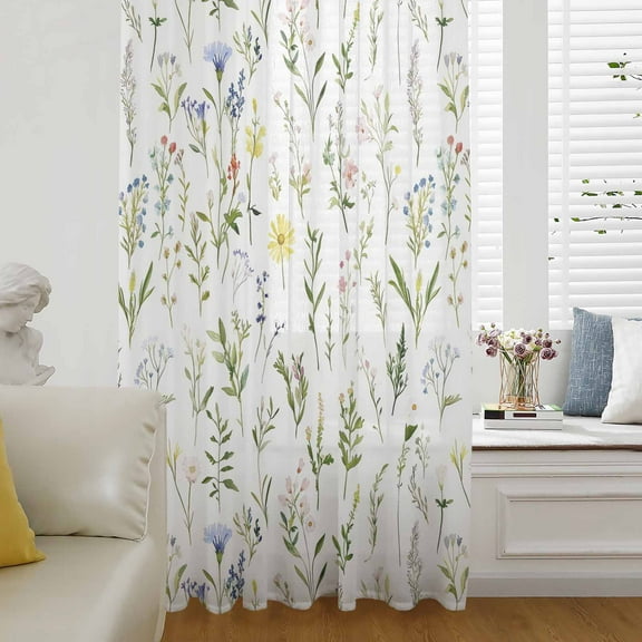 Spring Floral Semi Sheer Curtains Drapes for Living Room, Bedroom, French Doors Window 63 Inches Long, Watercolor Botanical Flower Rod Pocket Chiffon Curtain Drapery Voile Draperies Panel