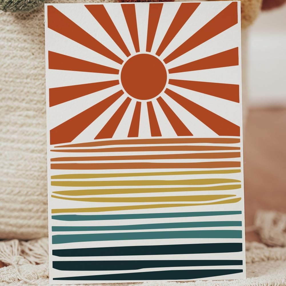 Sea Surface Painting Stencil 11.8x11.8 Inch - Reusable Sunrise & Birds Stencil For Wall, Wood, Fabric