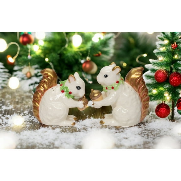 Ceramic White and Gold Squirrels Eating Acorns Salt and Pepper Shakers, Christmas Decor, Nature Lover Gift