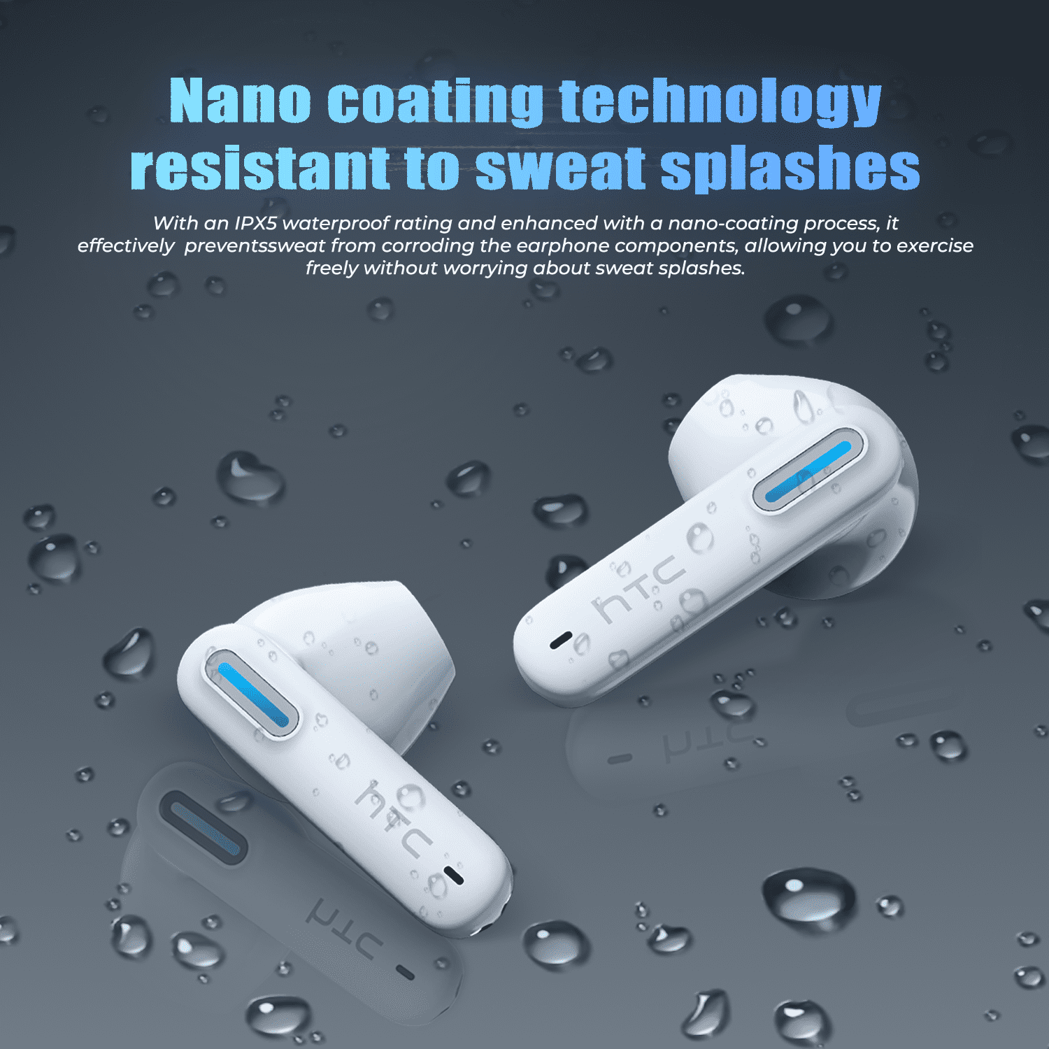 HTC NE49 Wireless Bluetooth Earbuds,In-Ear Headphones,IPX5 Waterproof, Short Handle Design, for Work, Sports and Offical,TWS Earphones,White
