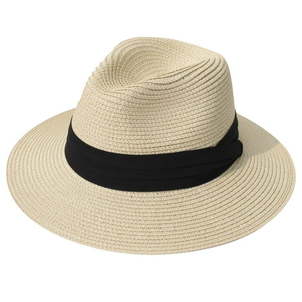 DRESHOW Sombrero panamá de paja para mujer, sombrero de viaje Fedora para playa, sombrero para el sol, sombrero enrollable de paja de ala ancha UPF 50+