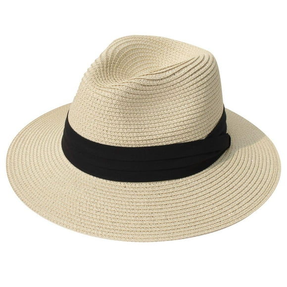 DRESHOW Sombrero panamá de paja para mujer, sombrero de viaje Fedora para playa, sombrero para el sol, sombrero enrollable de paja de ala ancha UPF 50+