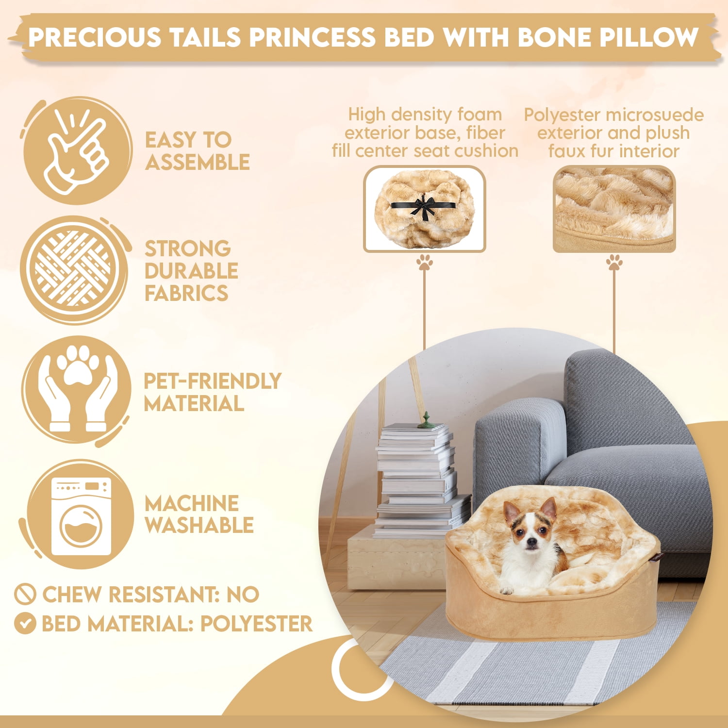 Precious Tails Faux Fur Princess Cat Dog Bed with Plush Bone Pillow – Small