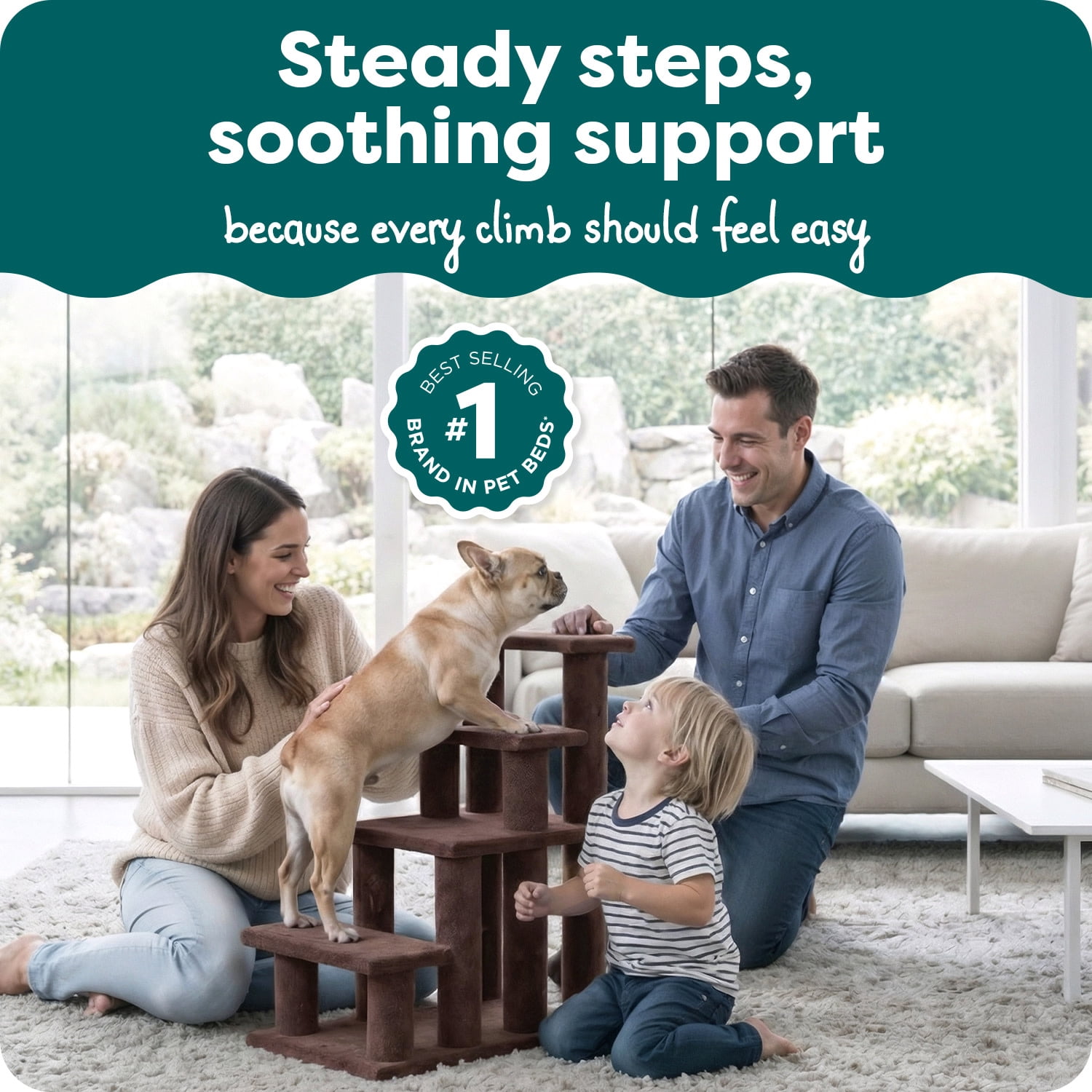 FurHaven Steady Paws Multi-Step Pet Stairs for High Beds & Sofas, Faux Fur Covered Dog Stairs for Small & Large Dogs, 4-Step Design, Plush Faux Fur, Brown
