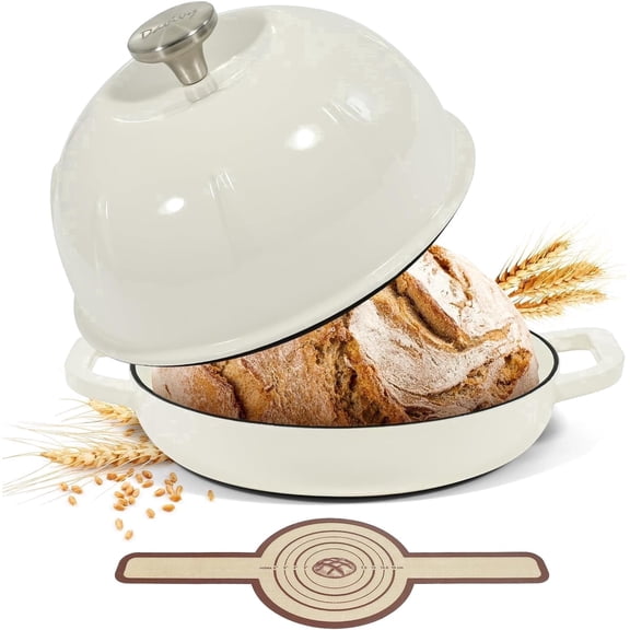Davivy 5QT White Non-Stick Glossy Enameled Cast Iron Dutch Oven – Round Bread Oven for Sourdough Baking – Heavy Duty & Oven Safe – Includes Silicone Bread Sling