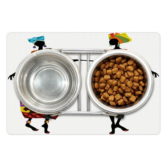 African Pet Mat for Food and Water, Ladies in Traditional Costume Silhouettes Ethnicity Vintage Display, Non-Slip Rubber Mat for Dogs and Cats, 18" X 12", by Ambesonne