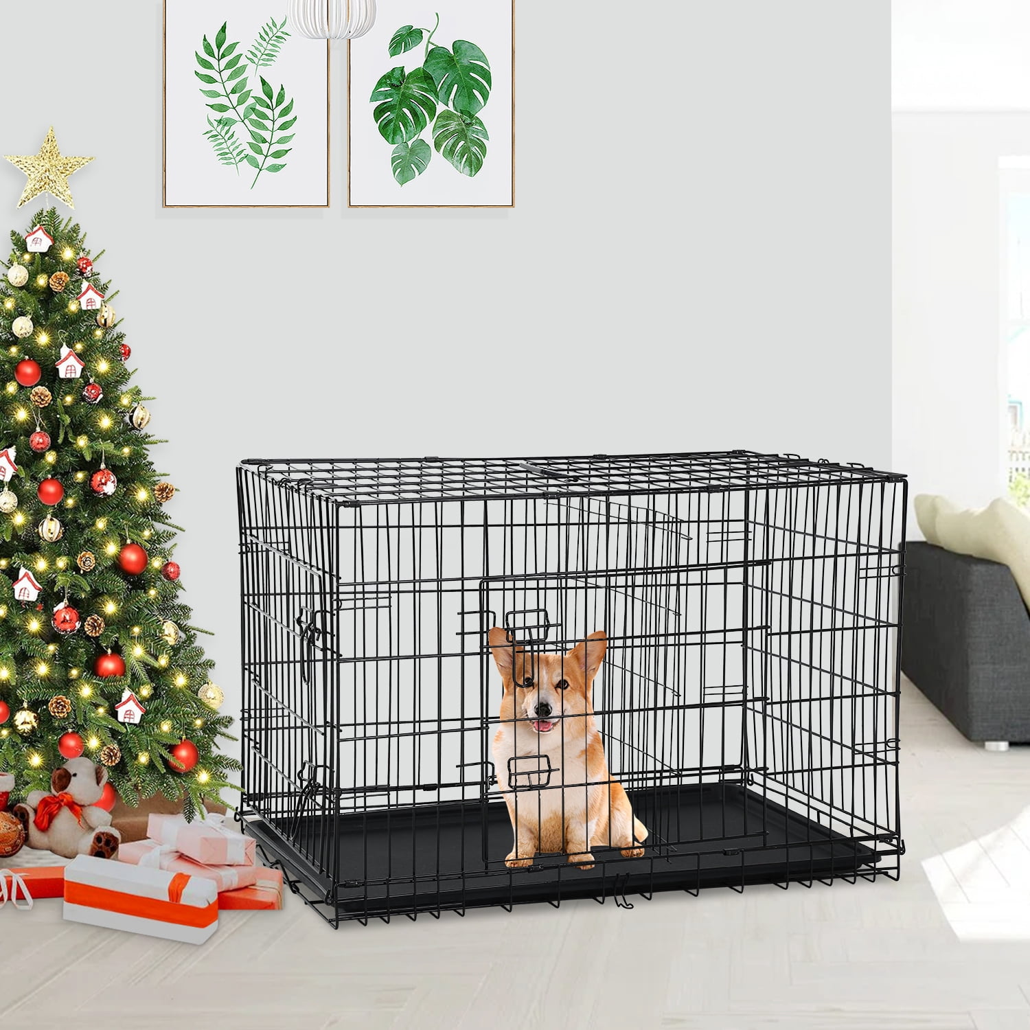 NiamVelo Dog Cage 36'' Metal Dog Crate , Folding  Dog Kennel with Plastic Tray & Handle, Pet Crate  for  Small  Medium Dogs, Black