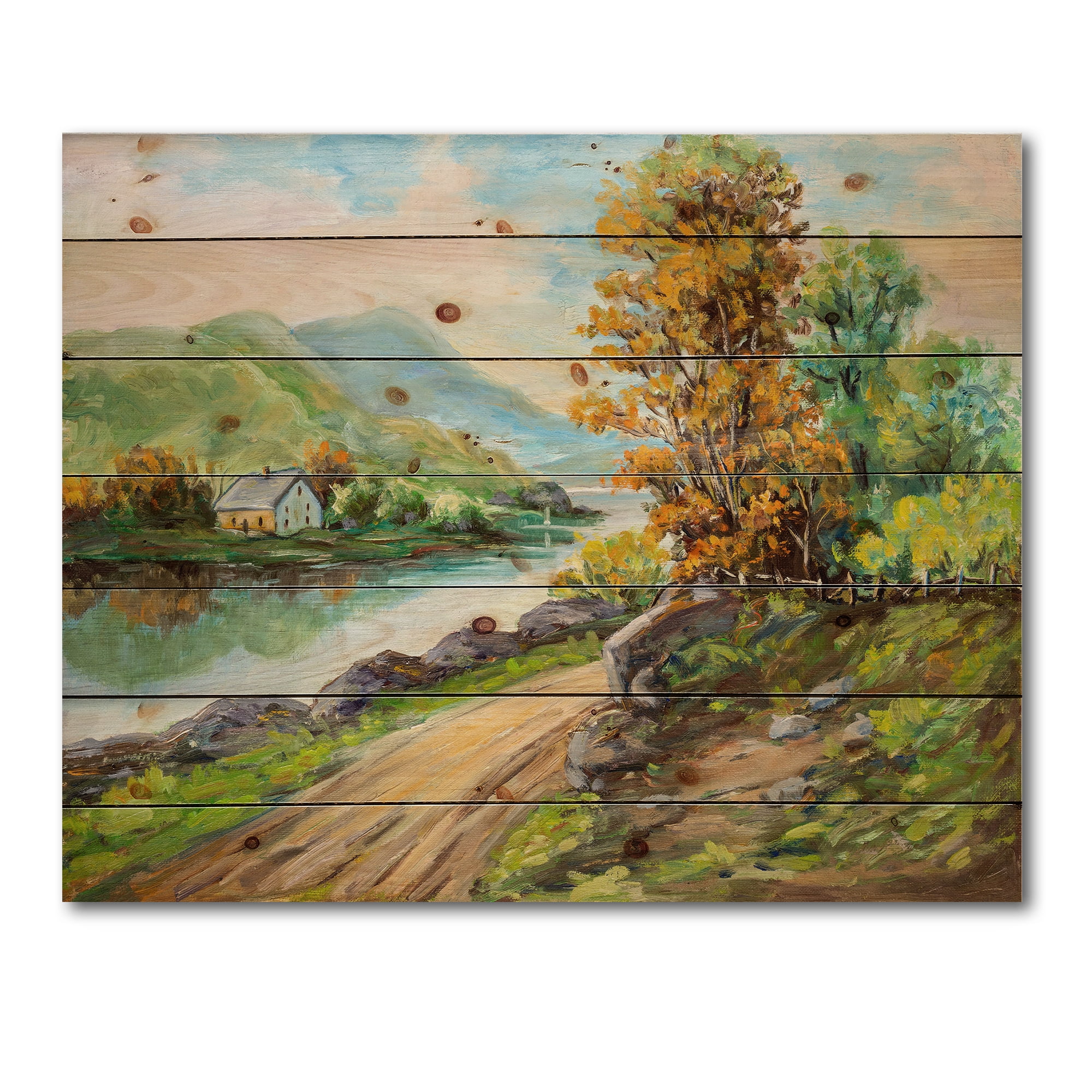 Designart 'The River By The Rural Road' Traditional Print on Natural Pine Wood