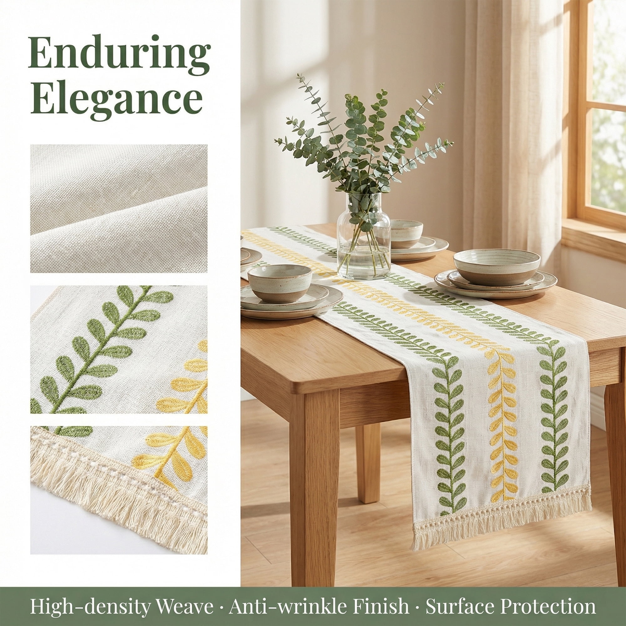 Unique Bargains Polyester Floral with Tassel Table Runner for Kitchen Decor Green 15.4"x106.3"