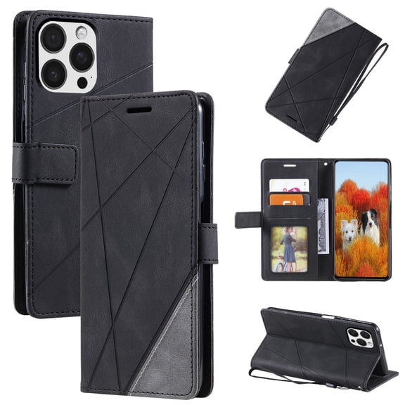 Wallet Case For iPhone 14 Pro,Magnetic Clasp RFID Blocking Credit Card Holder with Lanyard,Premium PU Leather Folio Flip Kickstand Shockproof Retro Case For iPhone 14 Pro,Black