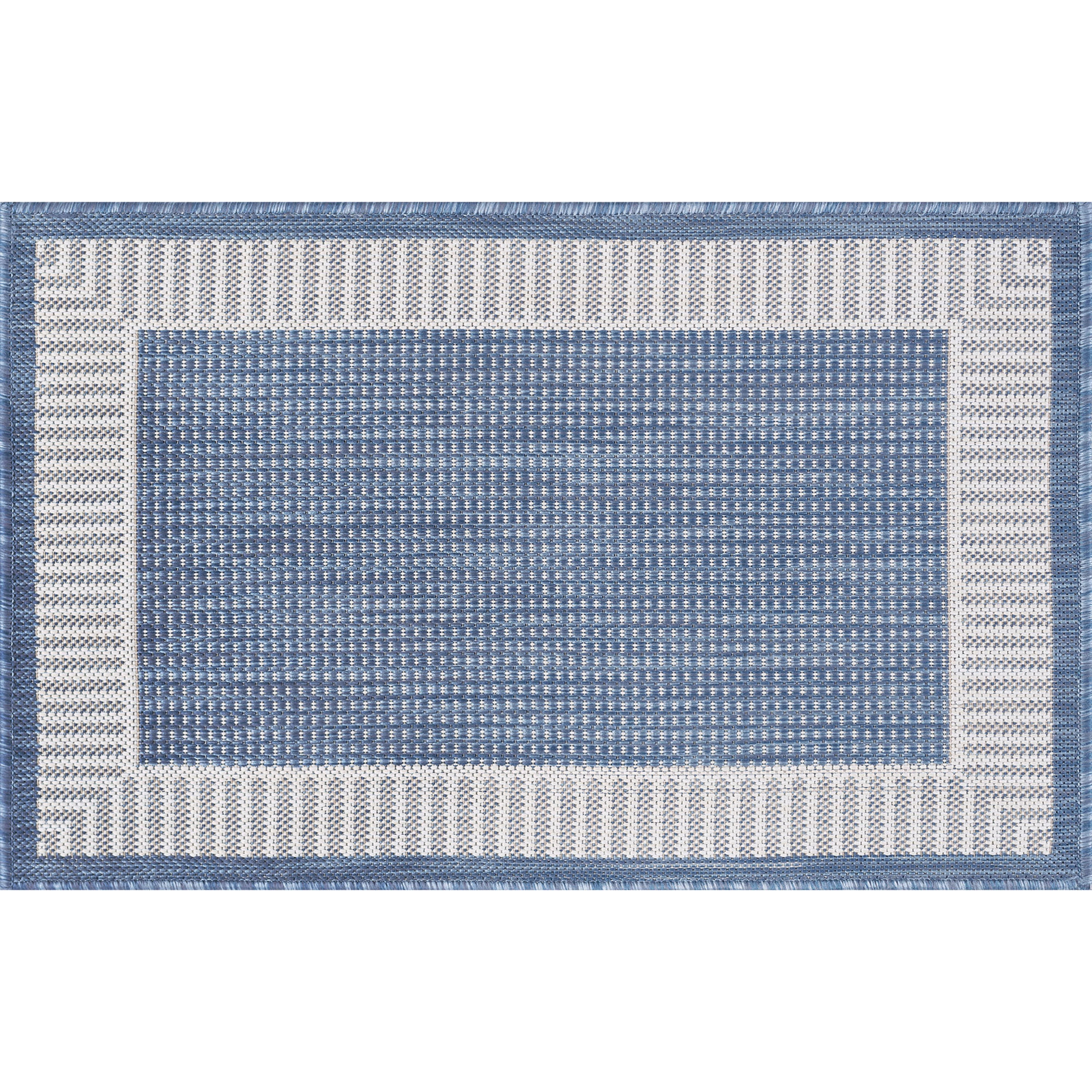 2x3 Water Resistant, Small Indoor Outdoor Rugs for Patios, Front Door Entry, Entryway, Deck, Porch, Balcony | Outside Area Rug for Patio | Blue, Striped Border | Size: 2' x 3'