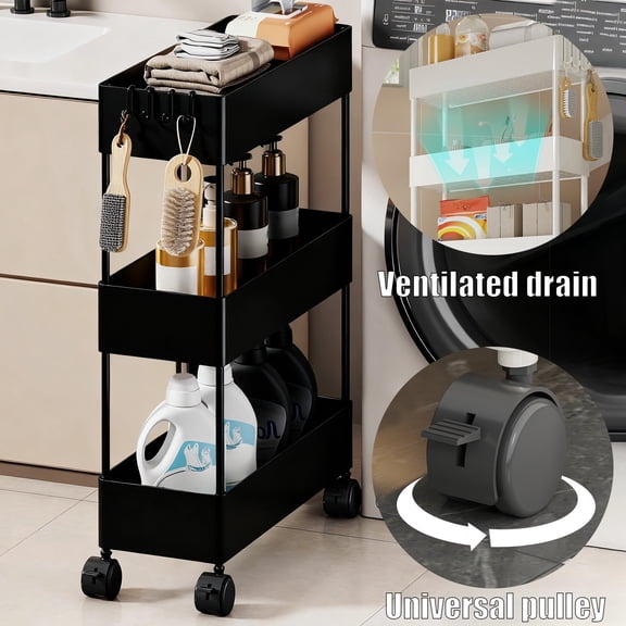 Slim Rolling Storage Cart | 3-Tier Space Saving Organizer for Bathroom & Laundry Room | Mobile Utility Rack with Wheels | Black or White Plastic Design