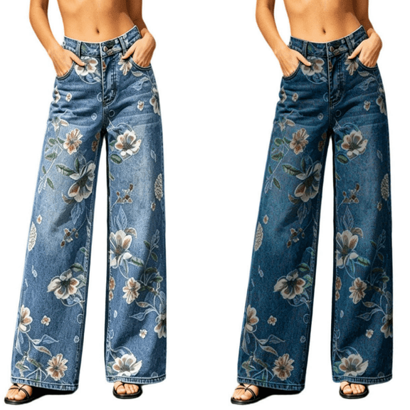 CALAFEBILA Womens Jeans Straight Leg Fashion Full-Length High Waist Jeans for Women Floral Printed Elastic Denim Pants Versatile Rhinestone Jeans 2025