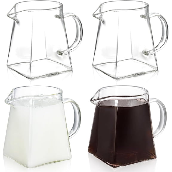 4 Pack Small Glass Pitcher, 12 Oz Clear Creamer Pitcher with Handle, Creative Coffee Milk Pitcher Tea Fair Cups for Table Serving, Square Base