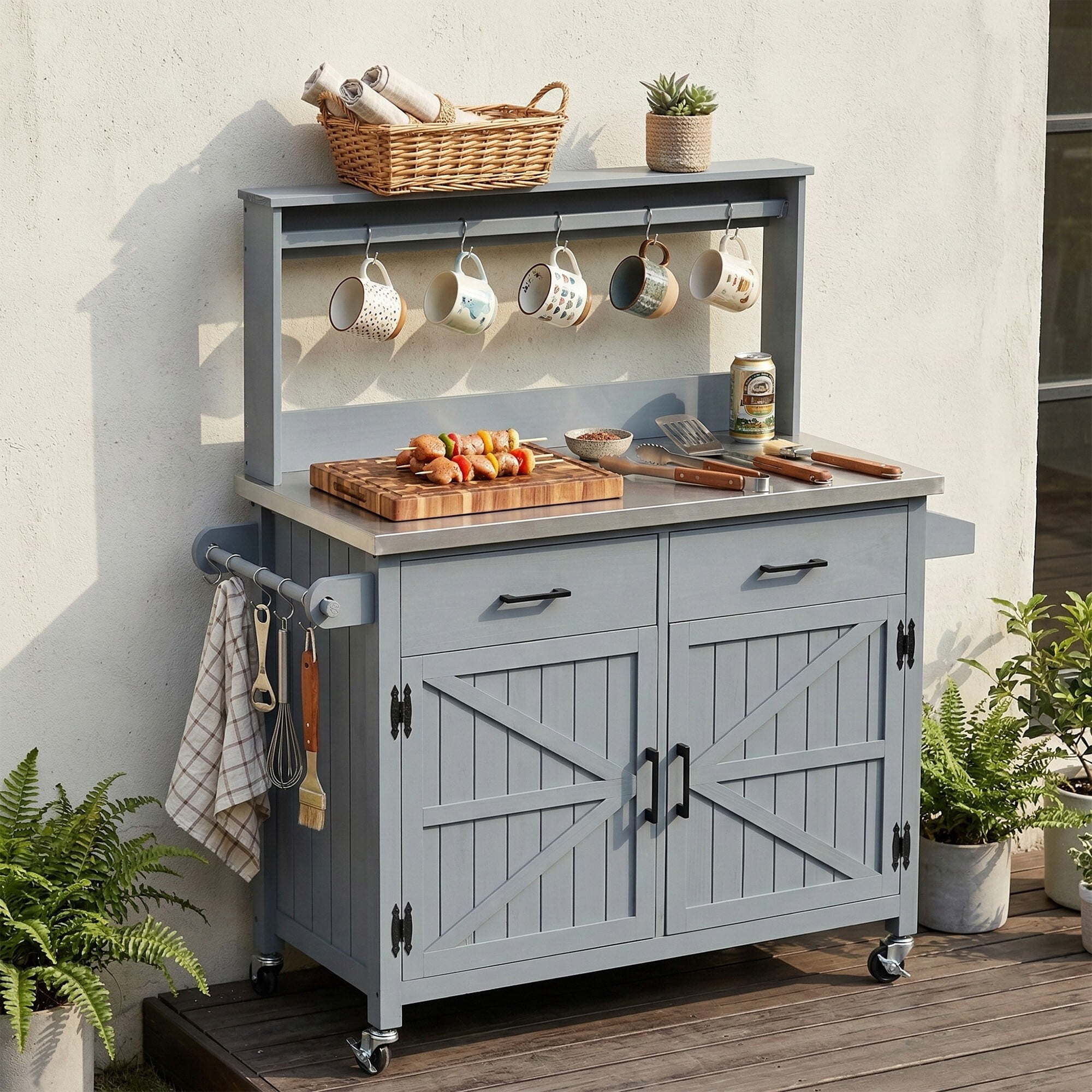 AENKYO 54" Outdoor Kitchen Island, Rolling Grill Cart & Potting Bench with Stainless Steel Top, BBQ Prep Station, Blue