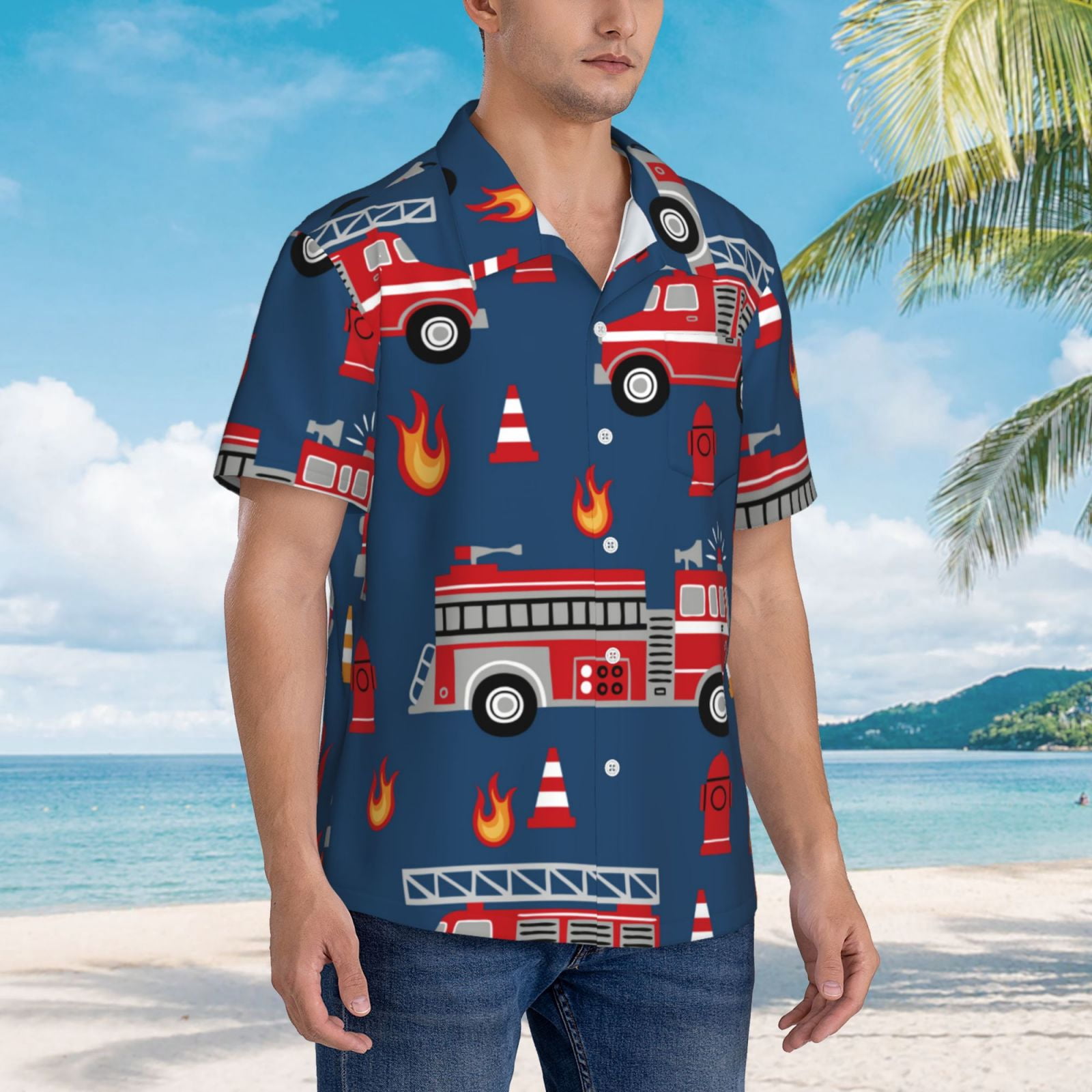 Logiee Fire Truck 1 Print Mens Hawaiian Shirts,Loose-Fit Short Sleeve Button Down Tropical Aloha Beach Shirt,Summer Vacation Wedding Tops,3X-Large