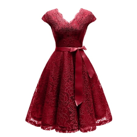 Coral Cocktail Dress Market In The Box Women's Lace Dress Vintage V Neck Midi Cocktail Party Dress Cap Sleeve Bridesmaid Dress with Belt Specail Occasion Short Dress ()