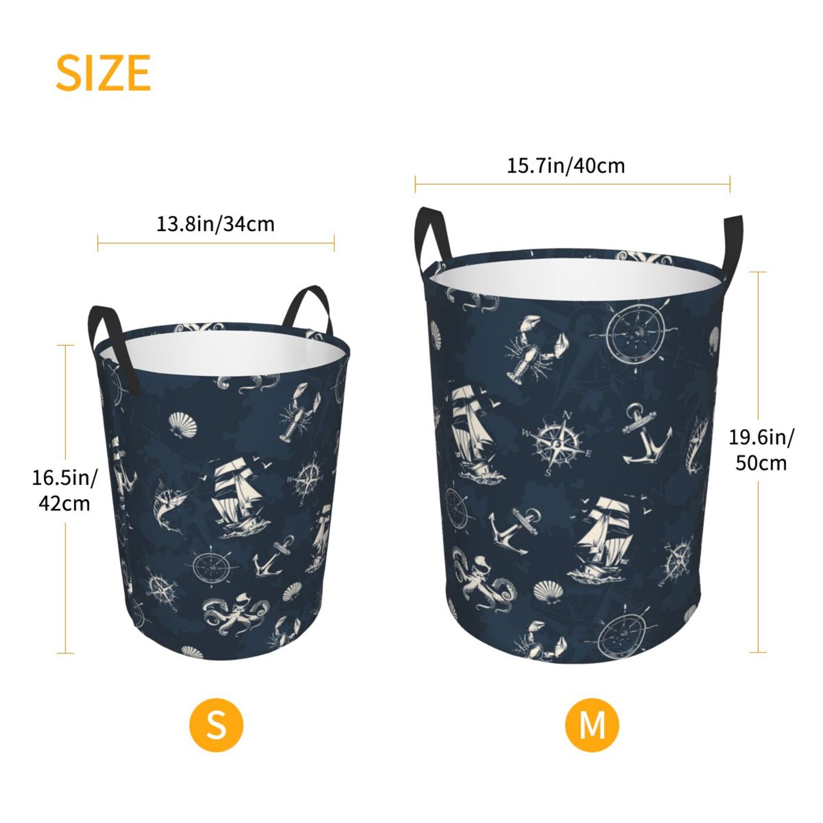 Large Laundry Basket with Handles - Nautical Vintage Pattern Kids Baby Dirty Clothes Laundry Hamper for Bedroom Aesthetic